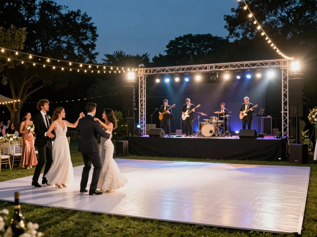 outdoor wedding dance floor and band stage