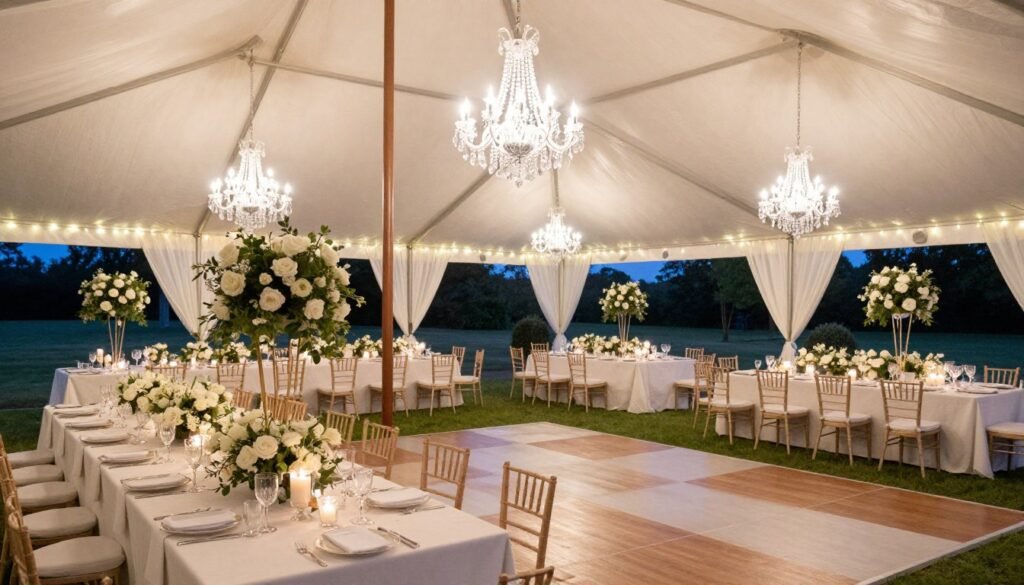 outdoor wedding reception under tent with chandeliers