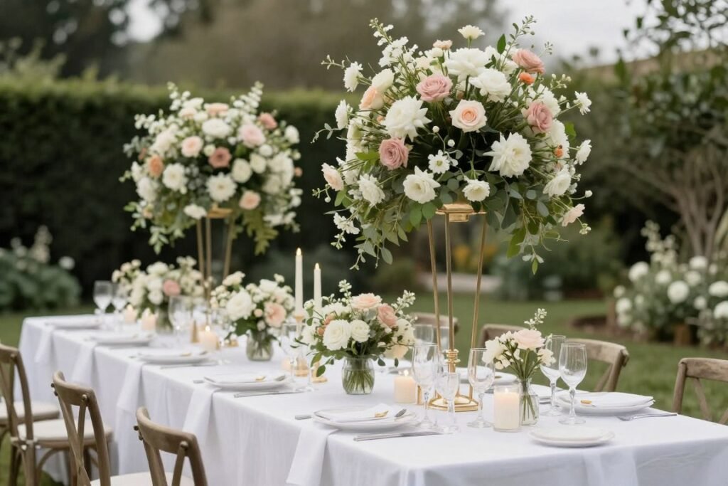 outdoor wedding table with floral centerpieces