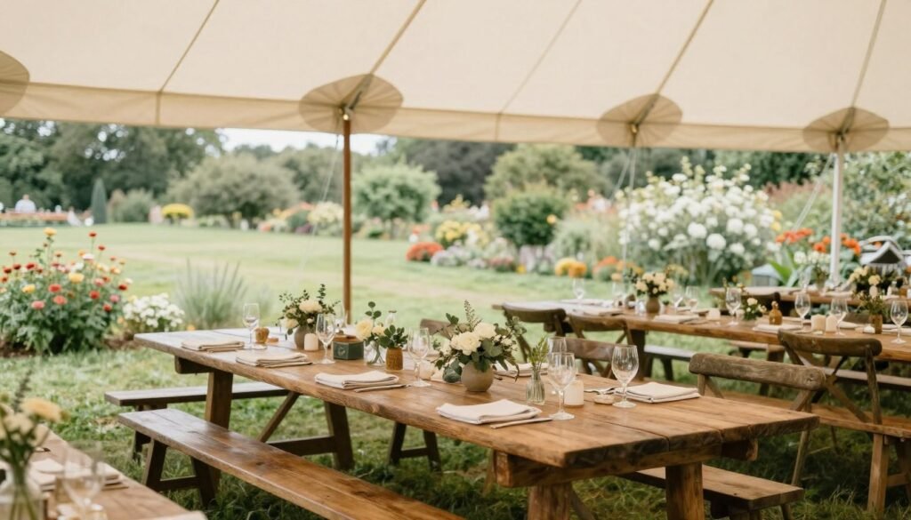 outdoor wedding tables in garden setting with natural surroundings