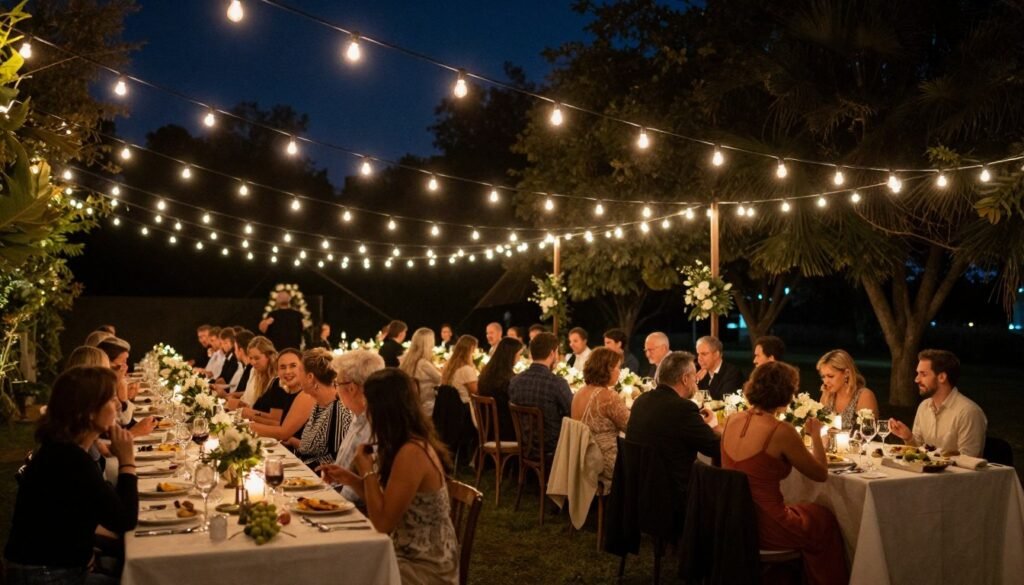 outdoor wedding tables under string light canopy at night