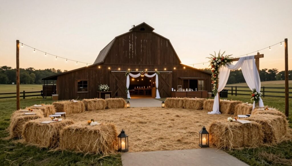 outdoor western bridal shower venue with hay bales and string lights