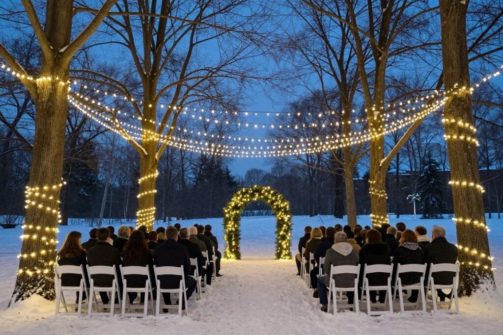 outdoor winter wedding ceremony with string lights in trees