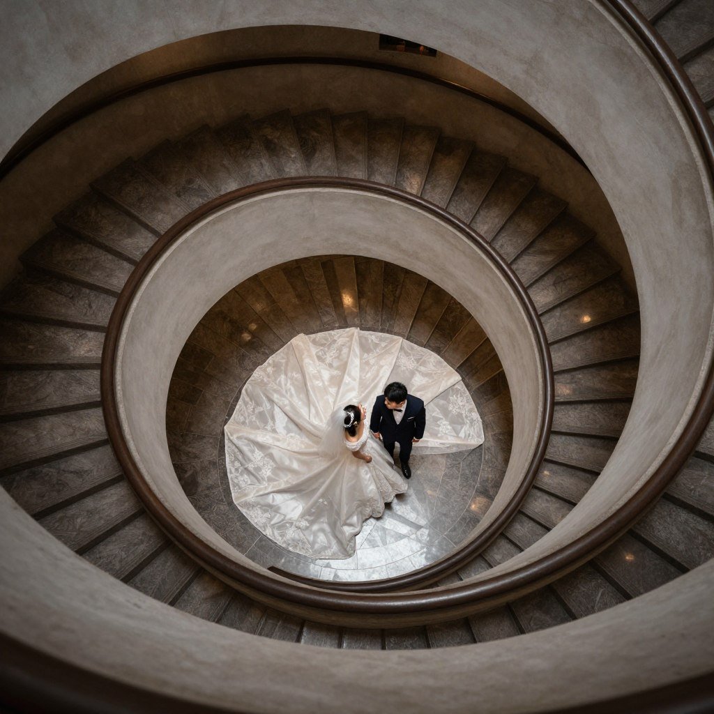 overhead courthouse wedding photography from spiral staircase