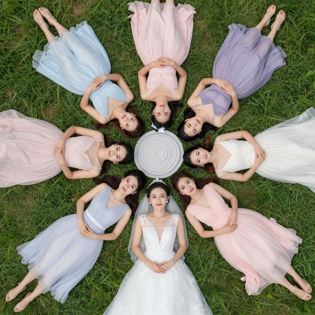 overhead shot of bridesmaids in circle