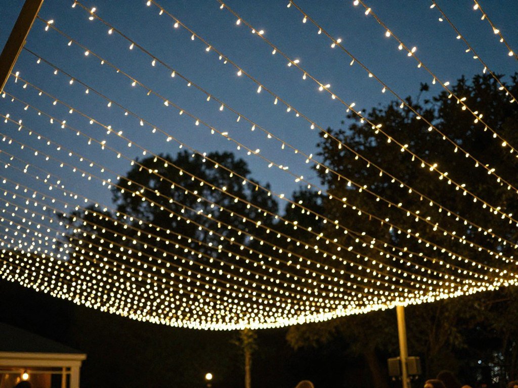 overhead string light canopy at outdoor bridal shower overhead string light canopy at outdoor bridal shower
