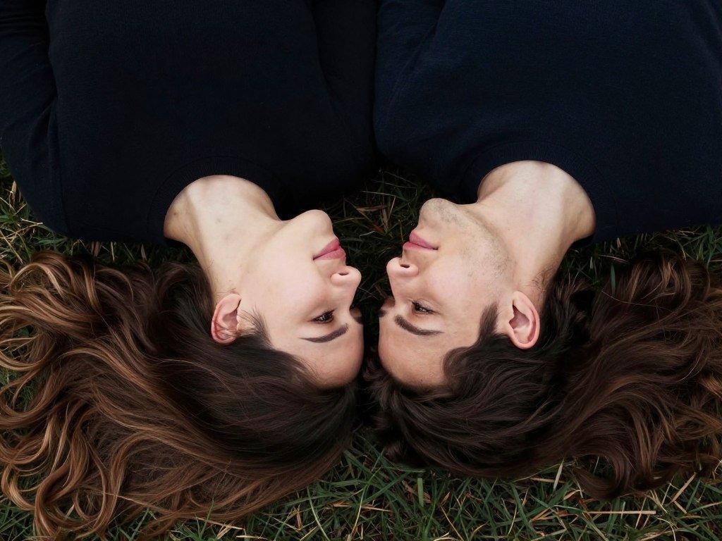overhead view of couple lying with heads together overhead view of couple lying with heads together
