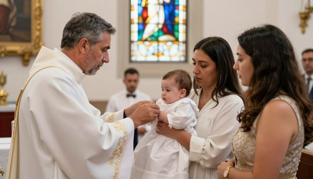 padrinos and godchild at baptism ceremony