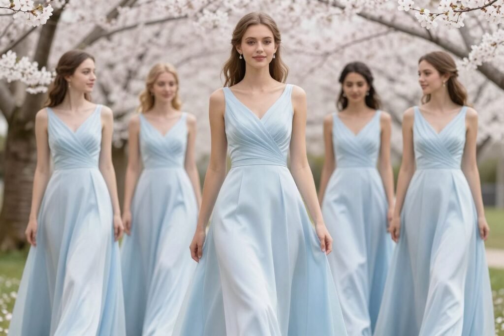 pale blue satin bridesmaid dress spring wedding