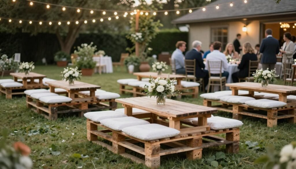 pallet bench seating at outdoor wedding reception