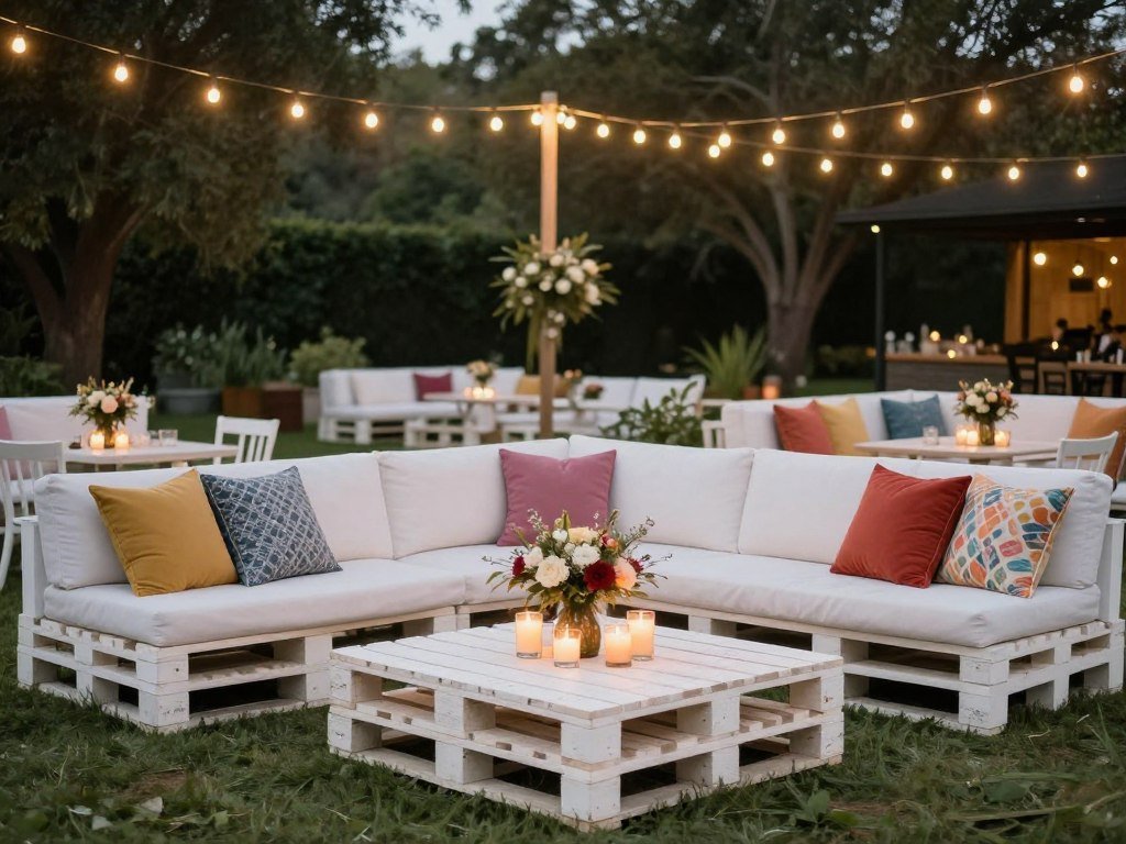 pallet lounge furniture arrangement wedding reception