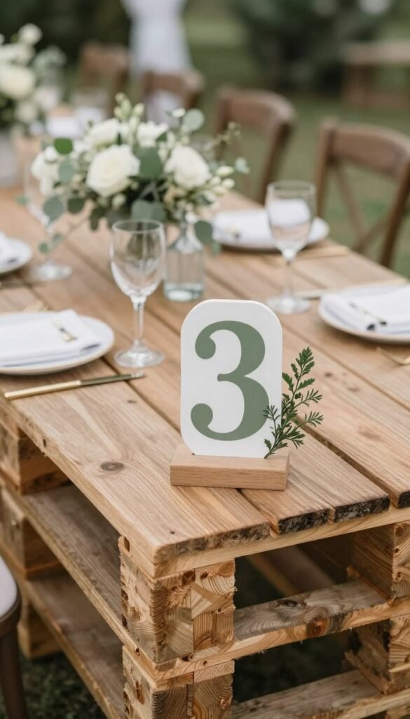 pallet table numbers with floral accents