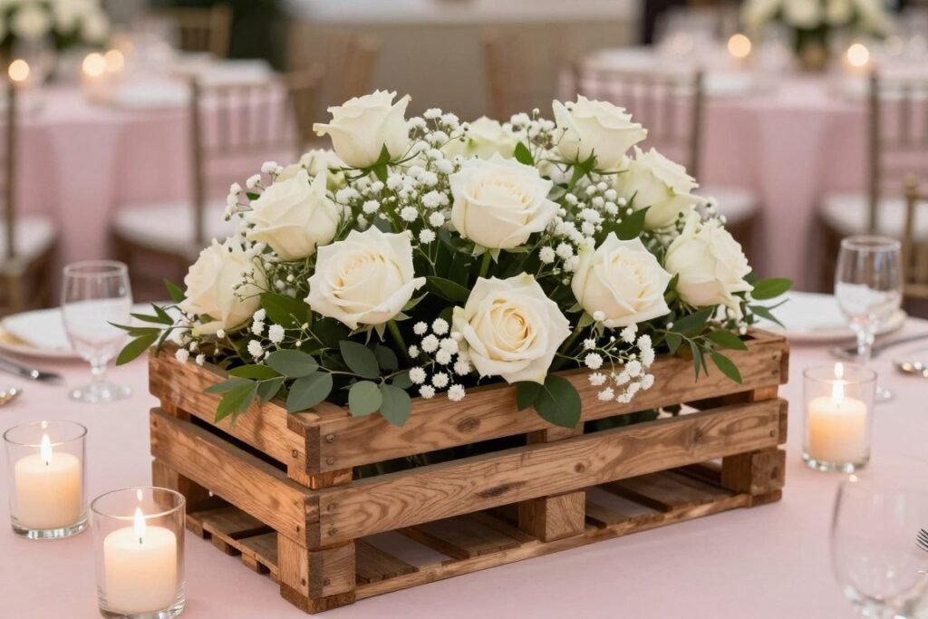 pallet wood centerpiece with flowers and candles