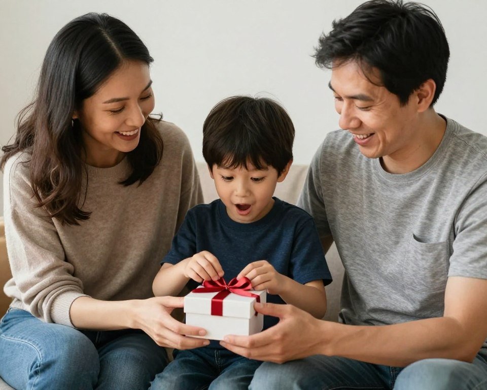 parents helping child open ring bearer proposal gift