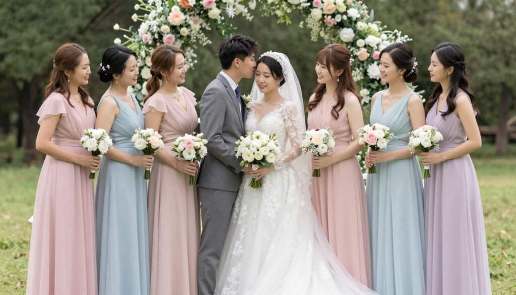 pastel bridal party final complete look at wedding ceremony pastel bridal party final complete look at wedding ceremony