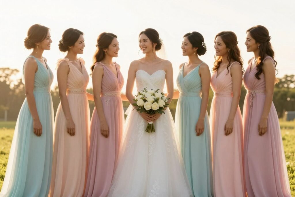 pastel bridesmaid dresses golden hour photography pastel bridesmaid dresses golden hour photography