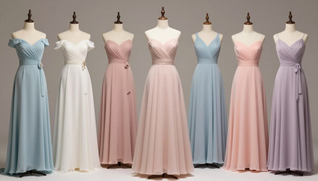 pastel bridesmaid dresses showing various neckline styles pastel bridesmaid dresses showing various neckline styles