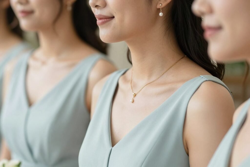 pastel bridesmaid with delicate gold jewelry accessories pastel bridesmaid with delicate gold jewelry accessories