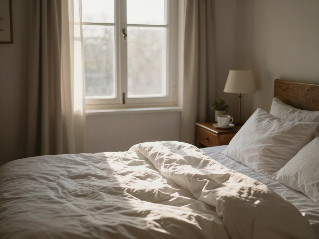 peaceful bedroom with morning light and cozy bed