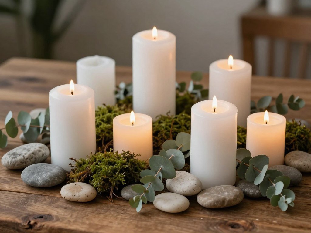 peaceful candle garden memorial display with white pillar candles