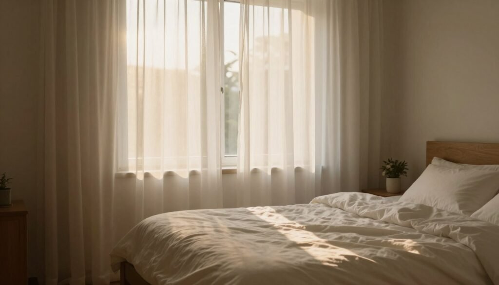 peaceful morning bedroom with soft sunlight