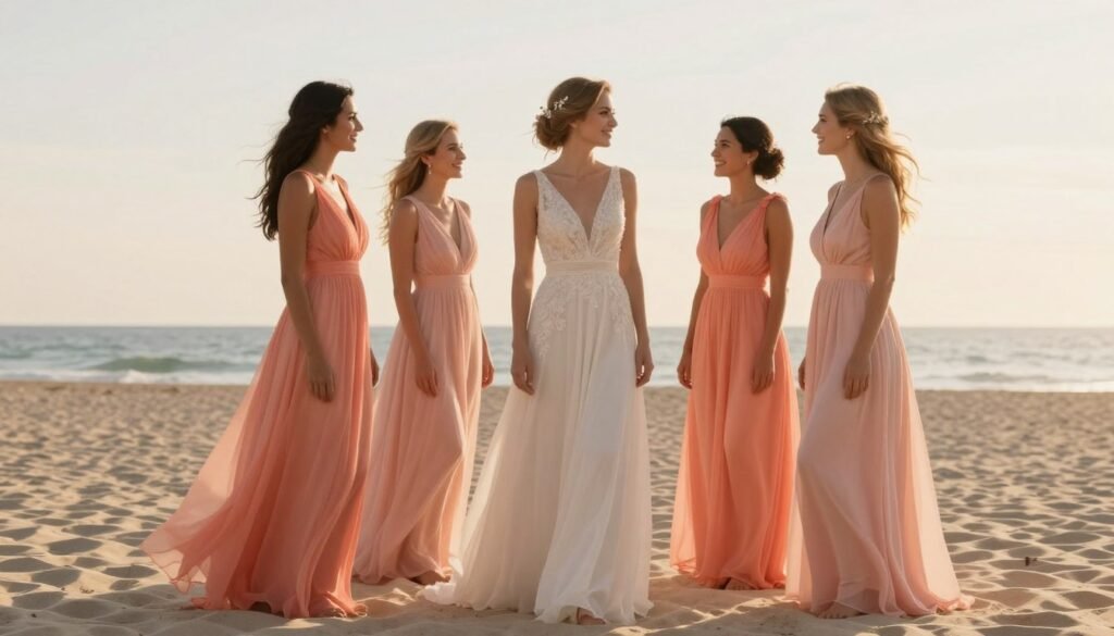 peach coral pastel bridesmaid dresses at summer beach wedding peach coral pastel bridesmaid dresses at summer beach wedding