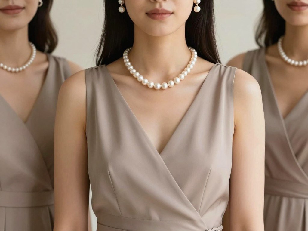 pearl necklace and earrings with neutral taupe bridesmaid dress