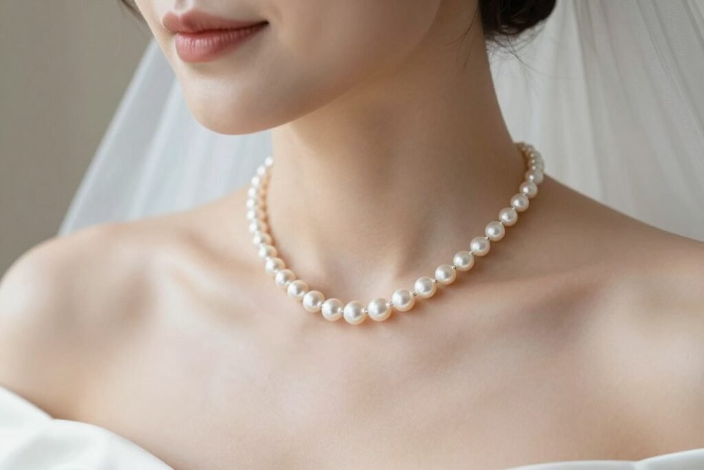 pearl necklace for wedding on bride's neck pearl necklace for wedding on bride's neck