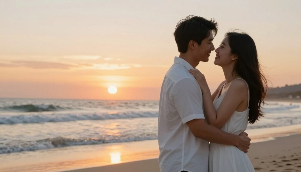 perfect beach proposal moment at sunset