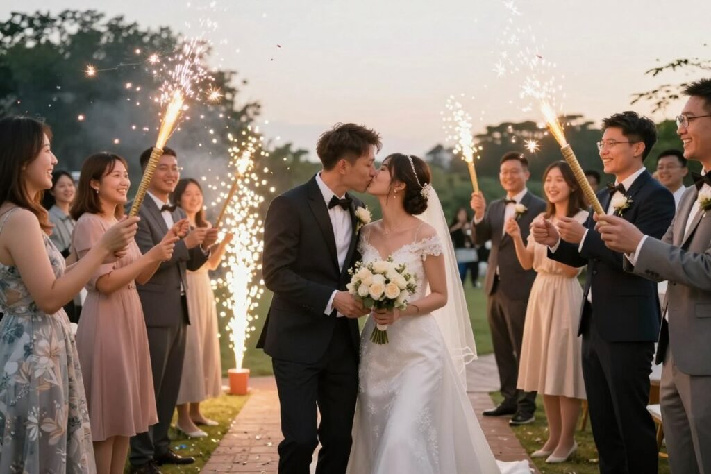 perfect wedding send-off moment with couple and celebrating guests