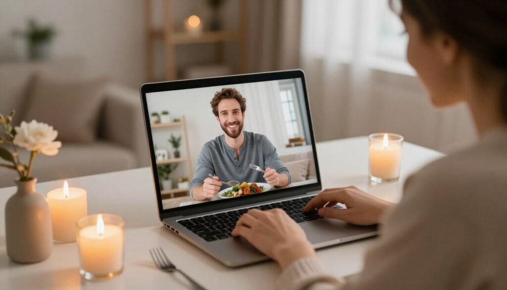 person on video call with partner having virtual anniversary dinner