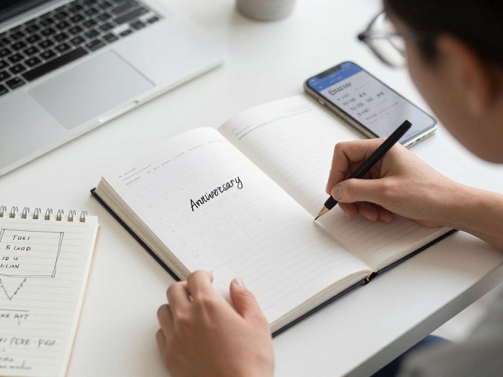person planning anniversary date with calendar and reservation confirmations
