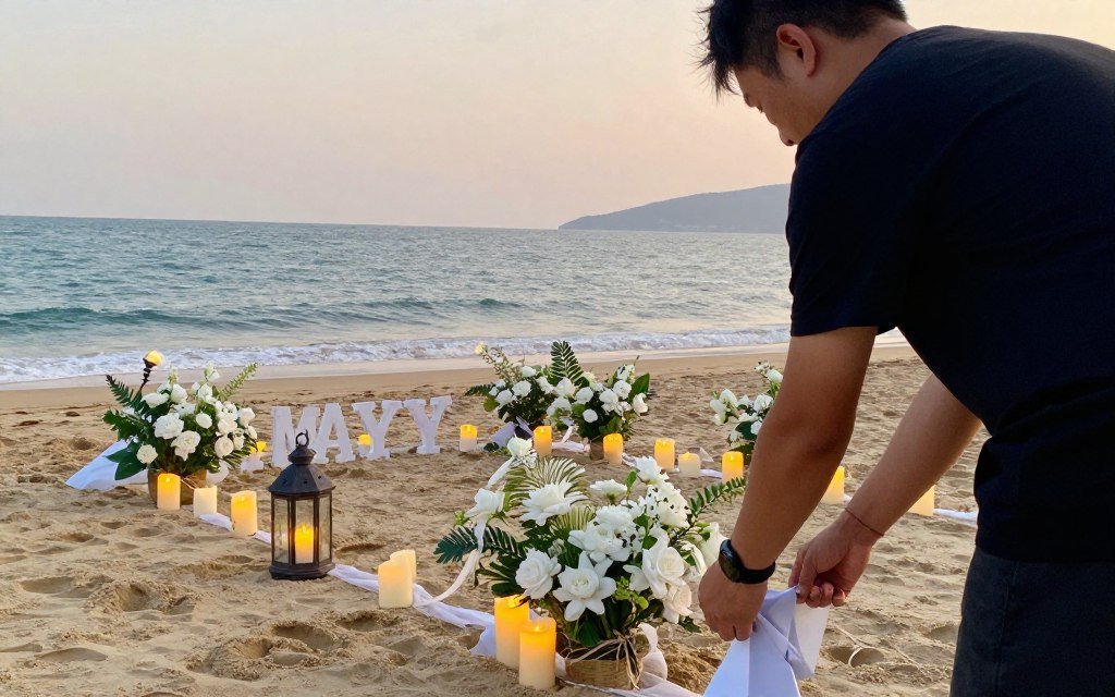 person setting up beach proposal decorations