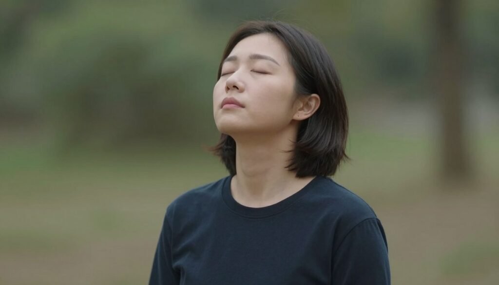 person taking deep breath before important moment