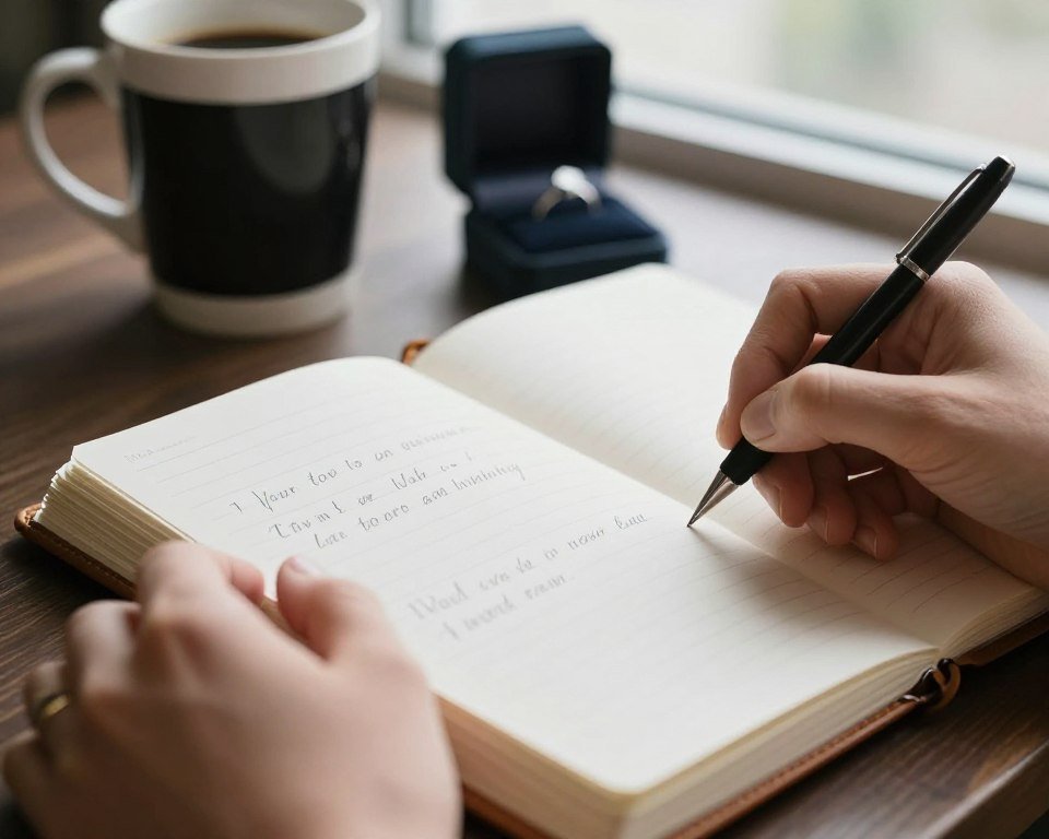 person writing proposal speech in notebook