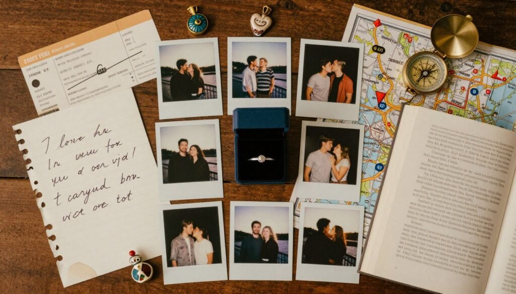 personal proposal props including photos tickets and meaningful objects