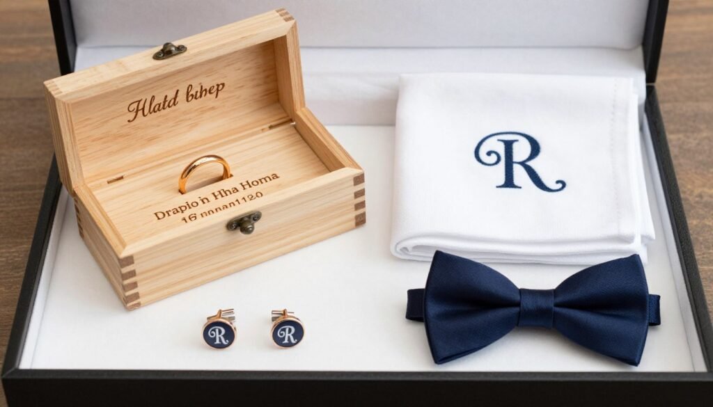 personalized ring bearer items including engraved box and monogrammed accessories