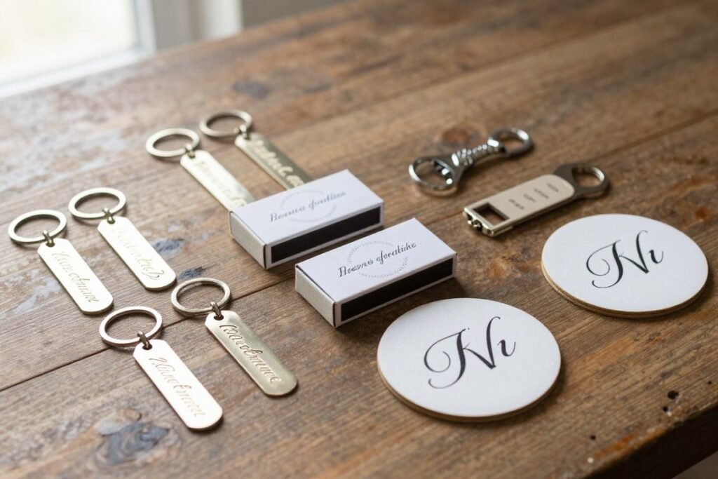 personalized wedding favors with custom names and wedding date displayed on table