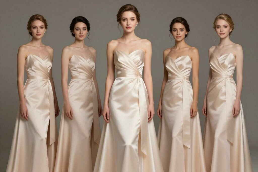 petite bridesmaid in empire waist satin dress