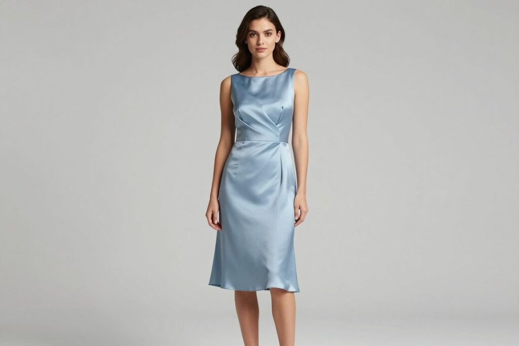 petite model in short satin bridesmaid dress