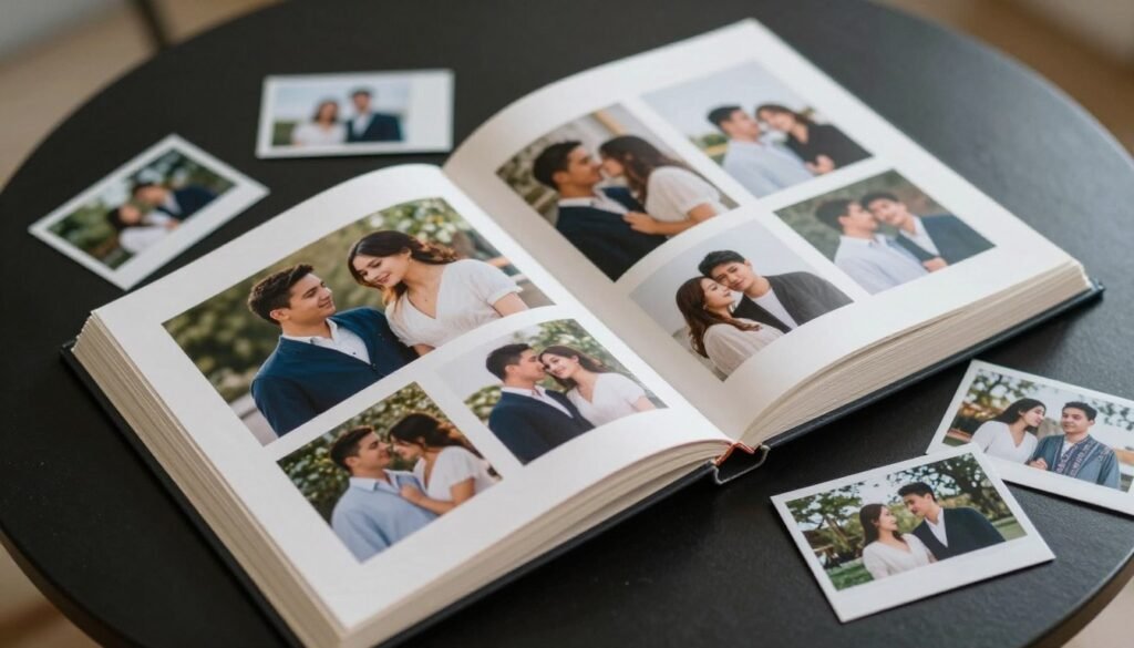 photo album open with relationship pictures and memories