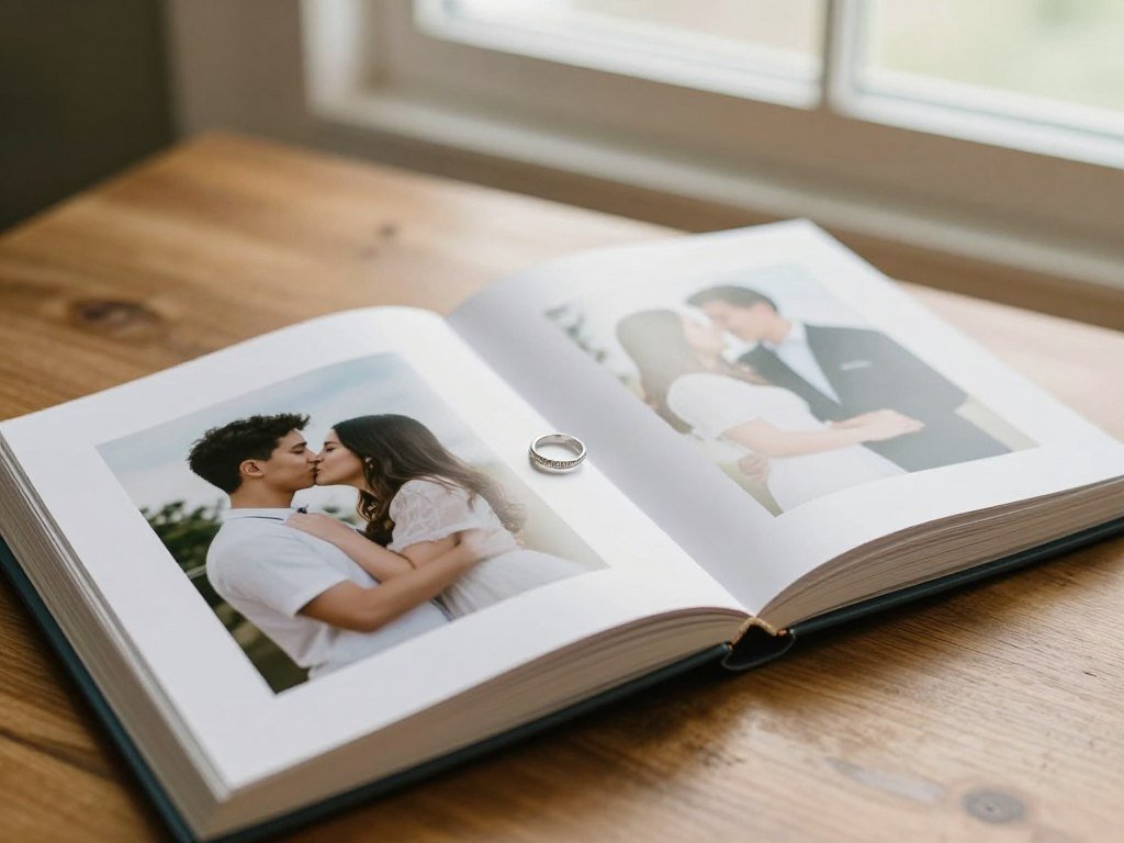 photo album with relationship pictures and engagement ring