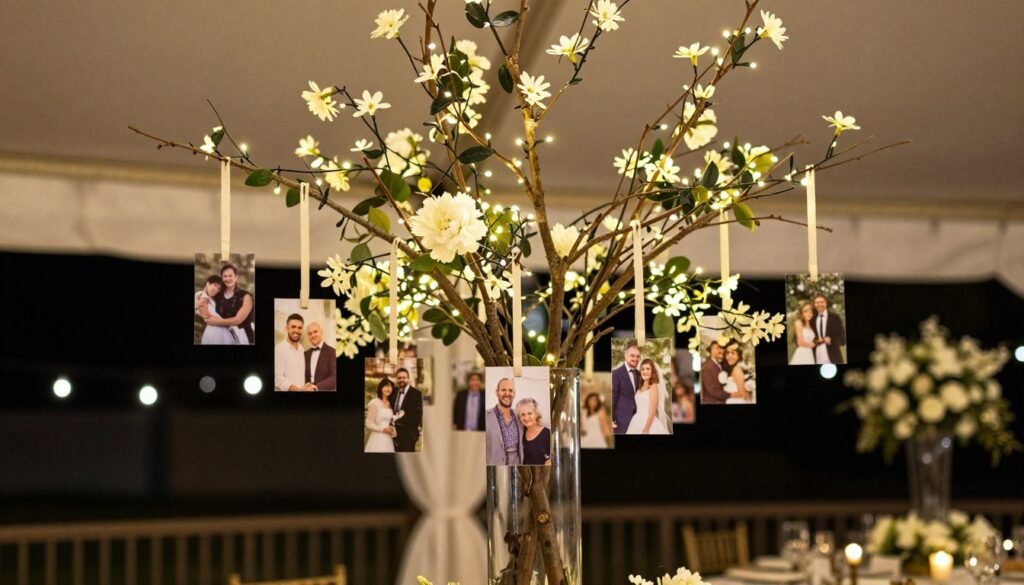 photo tree memorial display with hanging pictures
