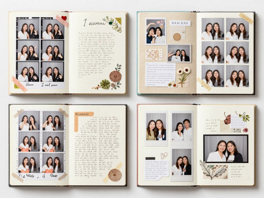 photobooth strips incorporated into relationship scrapbook pages