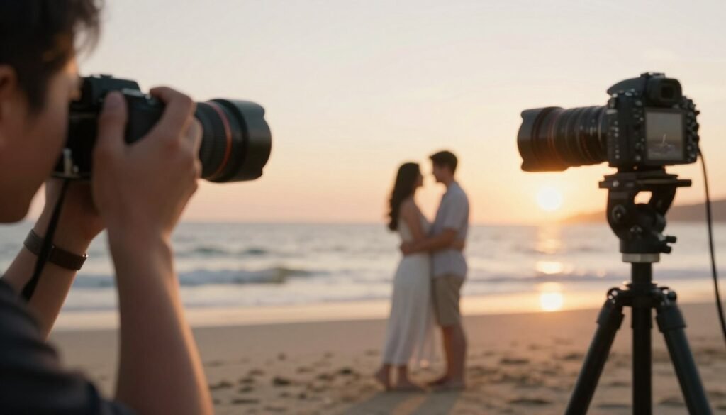 photographer capturing beach proposal moment with couple and engagement ring at golden hour photographer capturing beach proposal moment with couple and engagement ring at golden hour