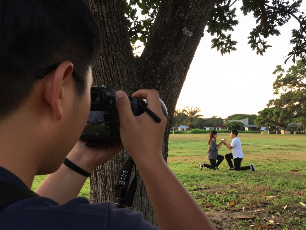 photographer capturing proposal moment from hidden position