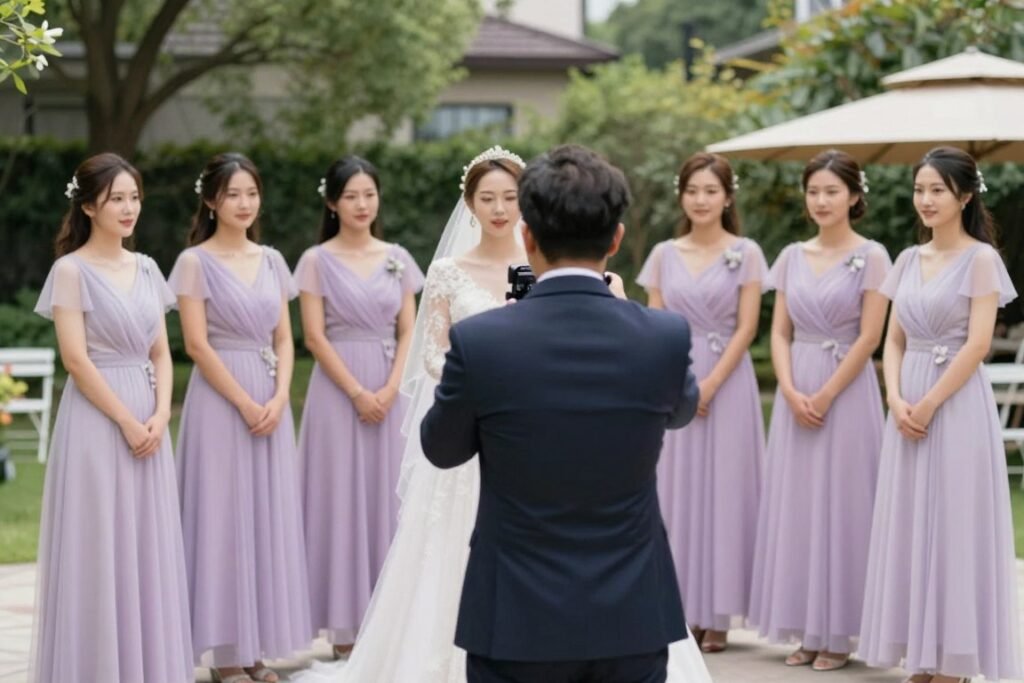 photographer directing bridesmaids for group photo outdoor wedding venue photographer directing bridesmaids for group photo outdoor wedding venue