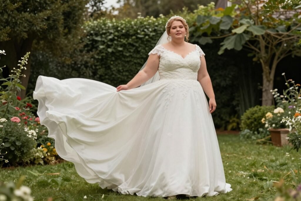 plus size bride in empire waist wedding dress