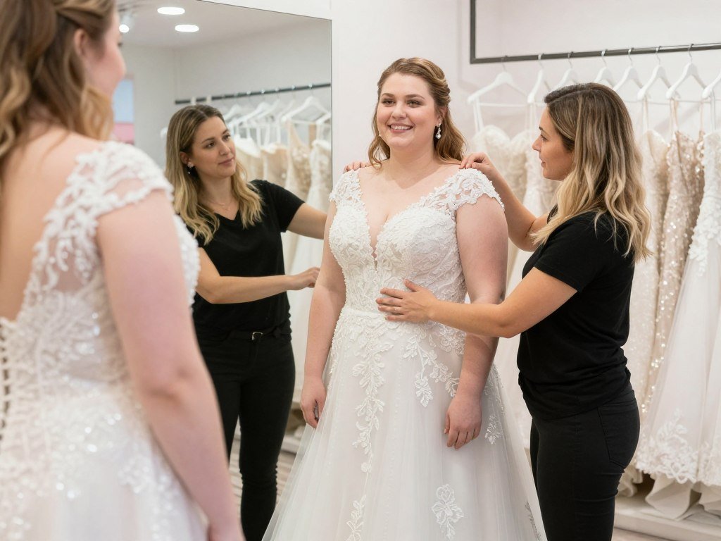 plus size bride trying on wedding dress boutique