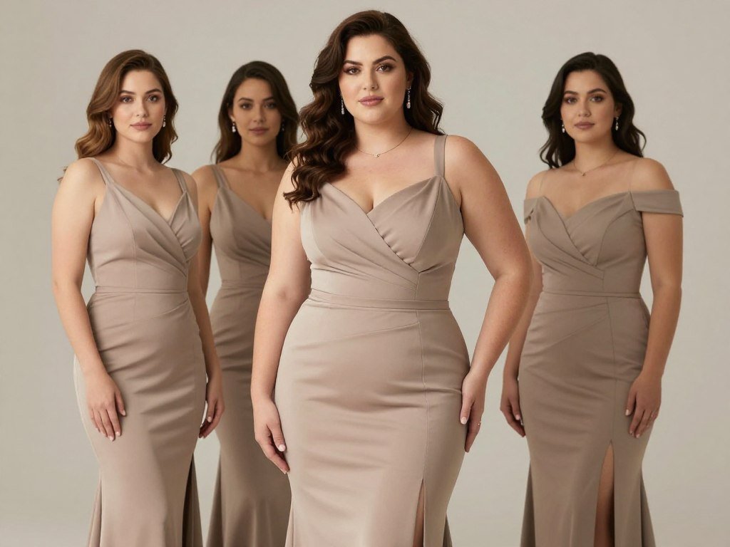 plus size bridesmaid wearing perfectly fitted neutral dress